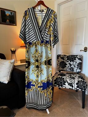 Alexia Admor Blue, Gold & Black Baroque Maxi Dress